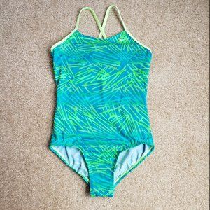 Nike Green and Blue Criss Cross Strap Girls One Piece Swimsuit Size 12